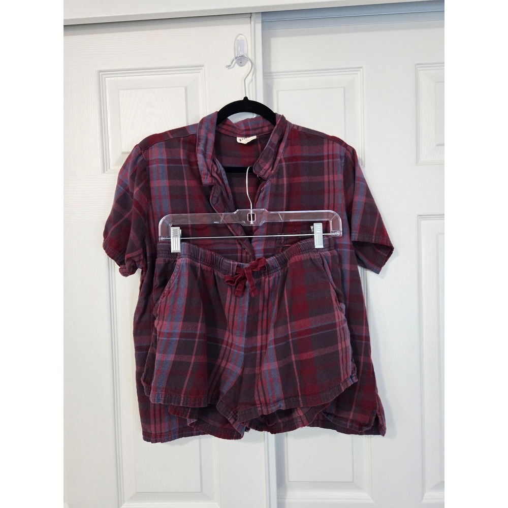 Pact Organic Womens Plaid Flannel Pajama Set Burgundy Short Sleeve M